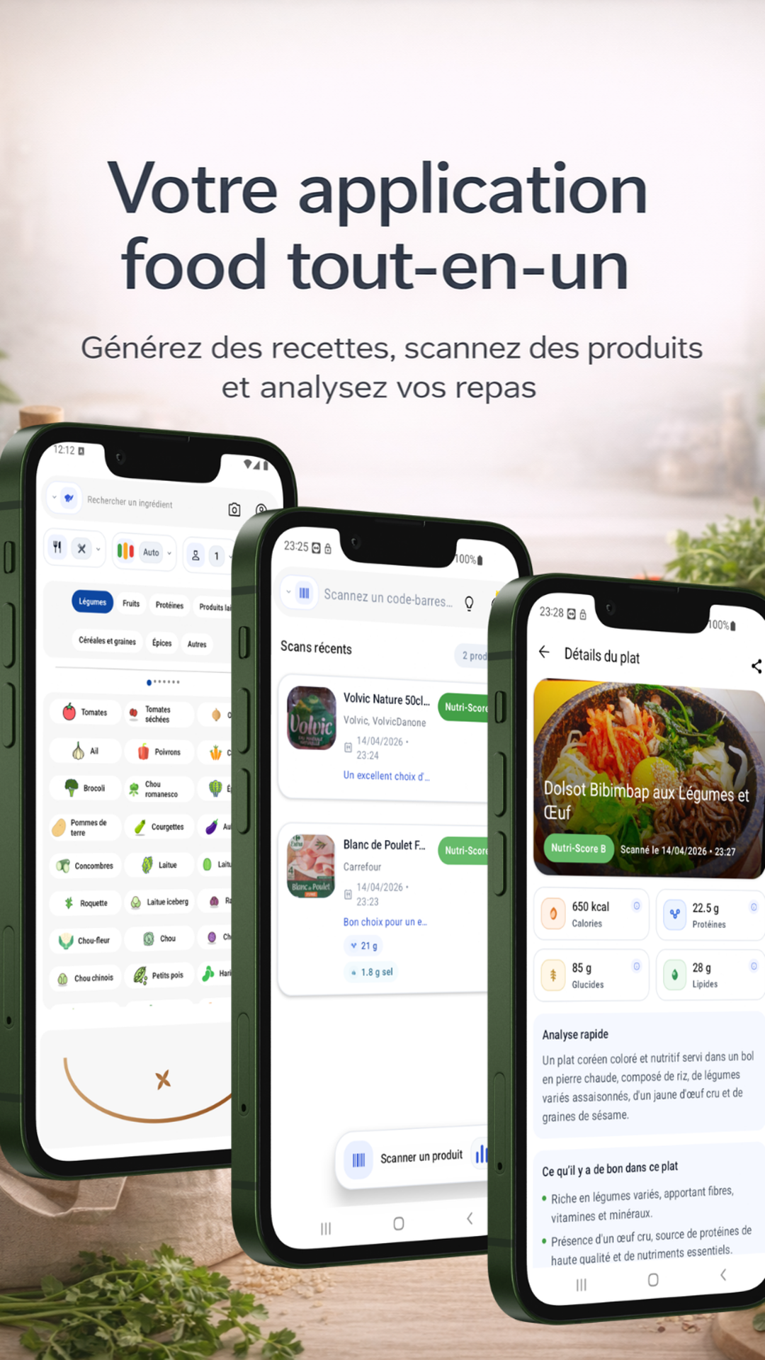 FridgeSpark avec les modes recettes, scan produits et analyse de plats