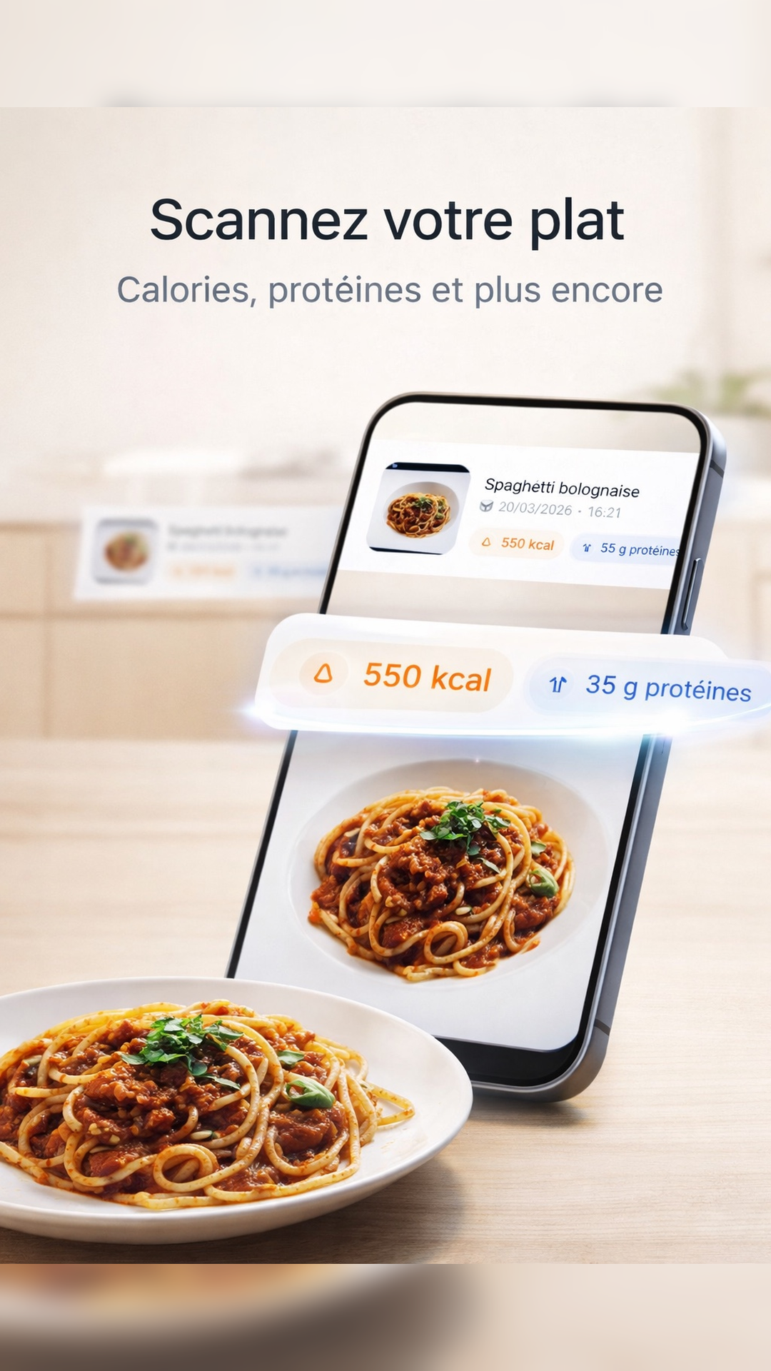 Scan d'un plat de spaghetti avec calories et protéines