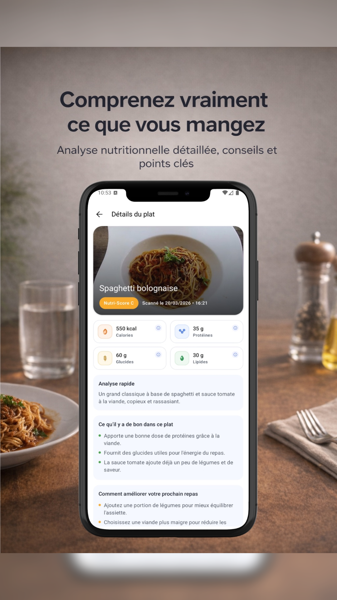 Détails nutritionnels d'un plat avec calories, protéines, glucides, lipides et conseils