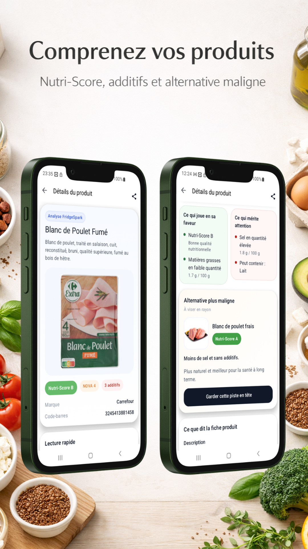 Détails d'un produit avec Nutri-Score, NOVA, additifs et alternative plus saine