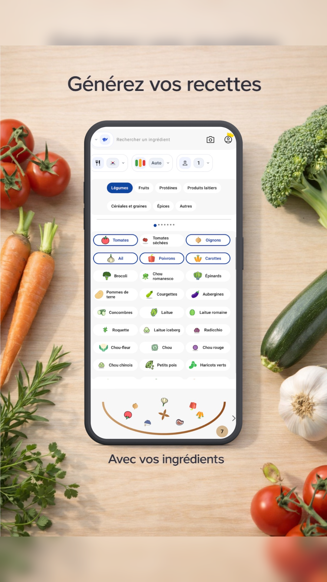 Sélection d'ingrédients dans FridgeSpark pour générer une recette